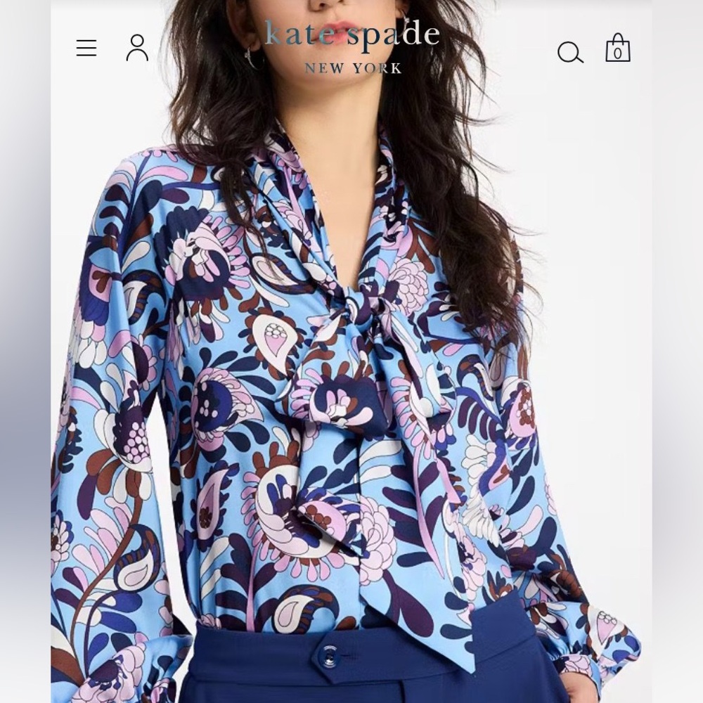 NEW KATE SPADE Autumn Paisley Tie-neck Shirt 70’s Vibe Bow Tie Med Blue Pink
